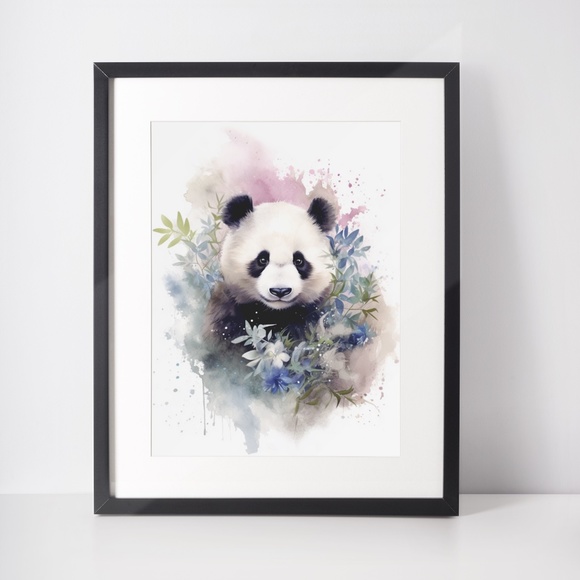 Watercolor Panda Bear With Flowers Portrait Wall Art Illustration Print Unframed - Picture 2 of 6